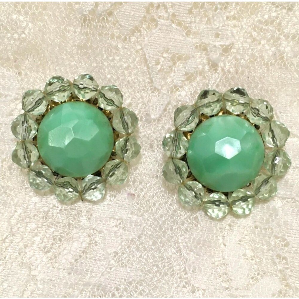 Vintage Western Germany Earrings Clip Ons Green Beaded earrings